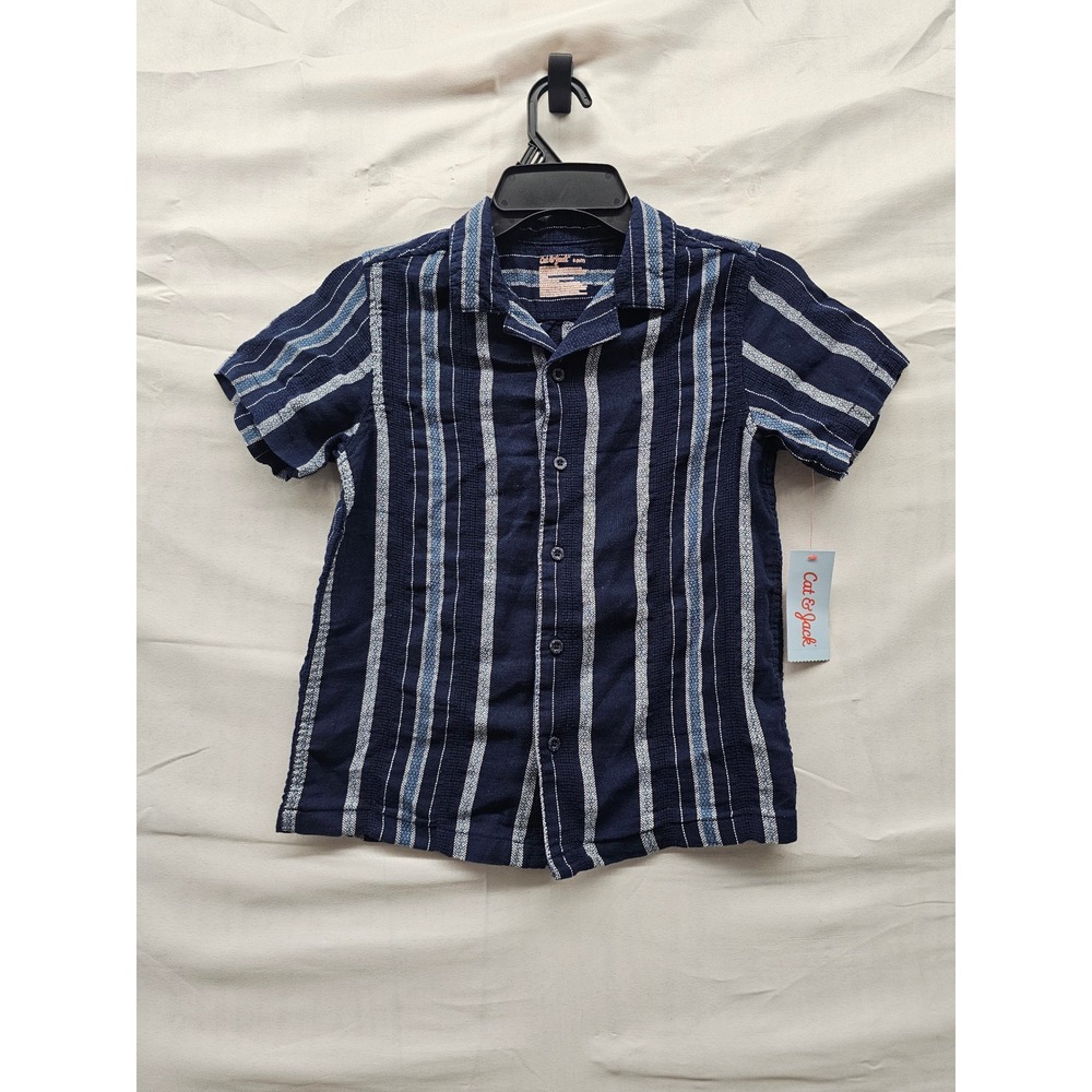 Cat & Jack Boys Striped Button Down Shirt Blue Cotton Linen Casual Size Small
